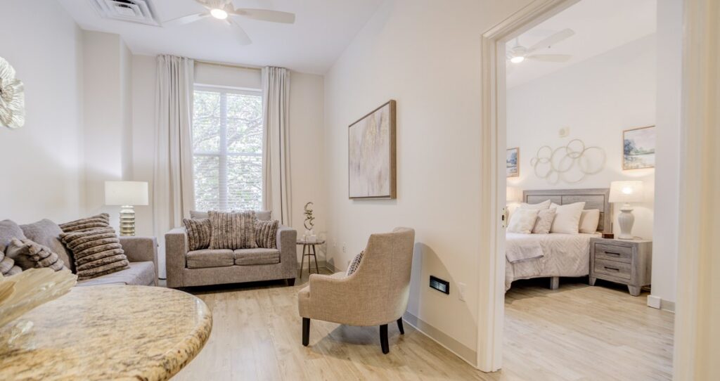 Newly refreshed open floor plan one-bedroom apartment at The Medallion, an upscale assisted living community in Houston's Greater Meyerland Area.